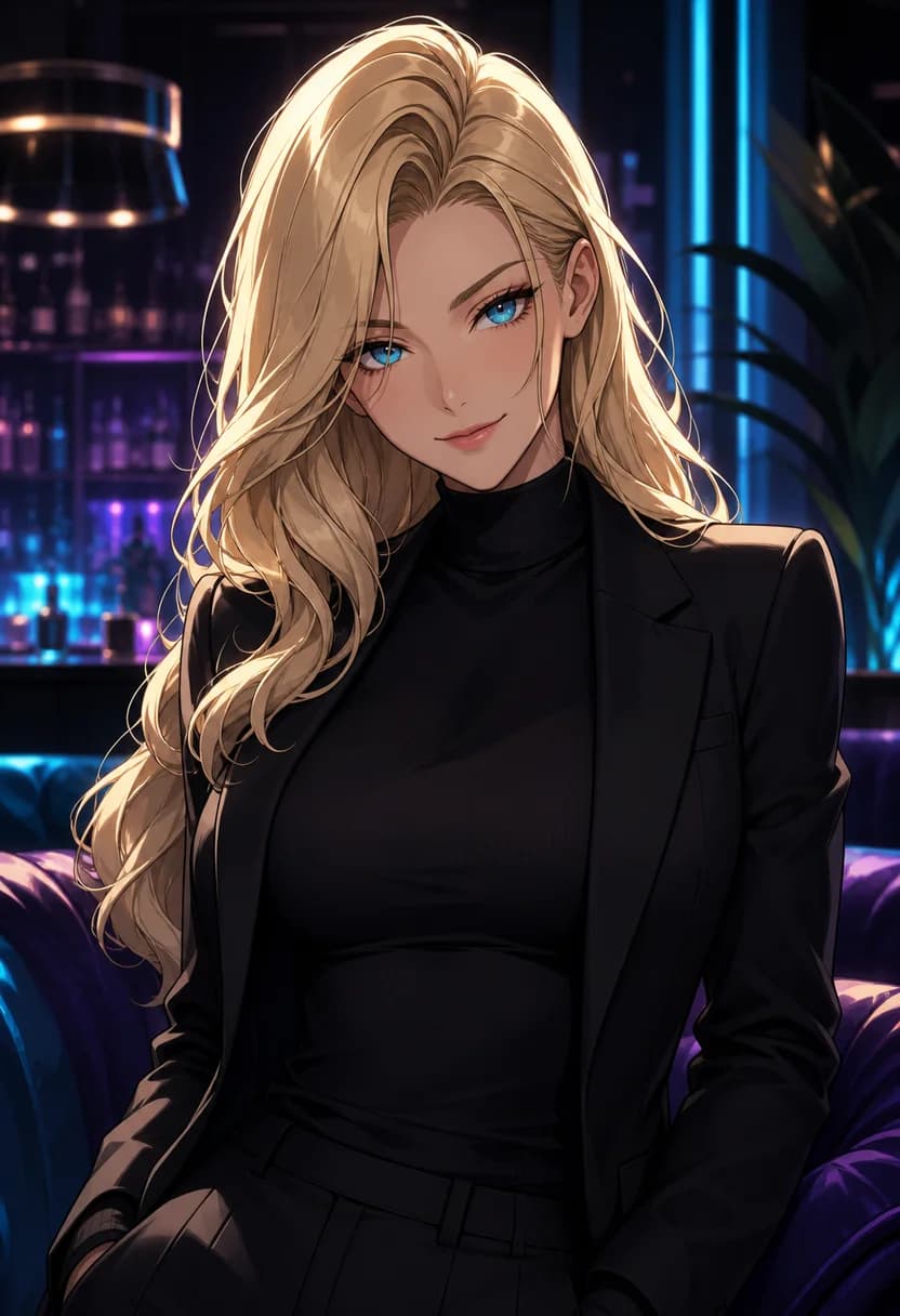 SFW anime-style portrait of Celeste, a 25-year-old blonde woman in a black blazer