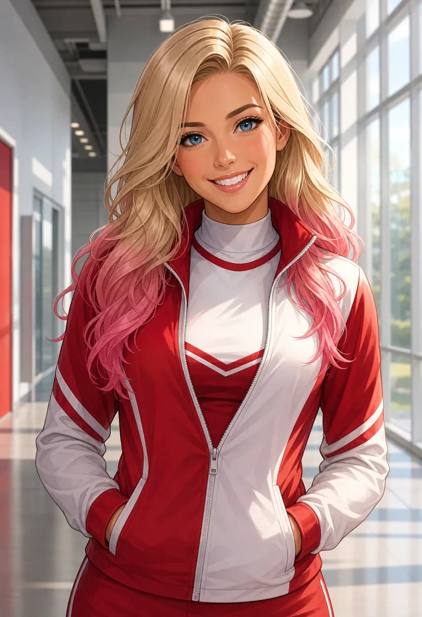 SFW anime-style portrait of Gwen, a 23-year-old professional cheer performer in a red warmup jacket