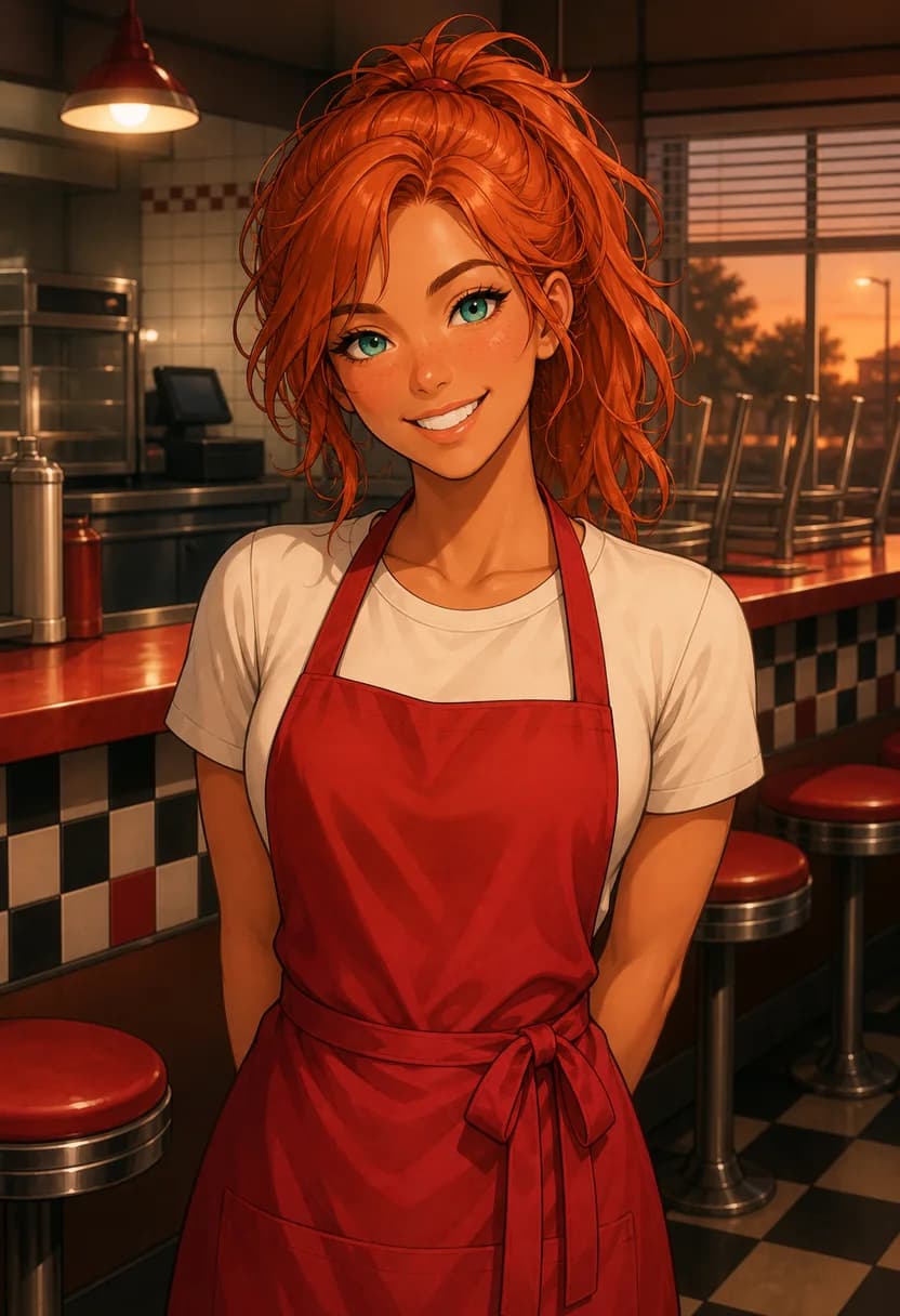SFW anime-style portrait of Haley, a 23-year-old burger-joint worker in a red apron