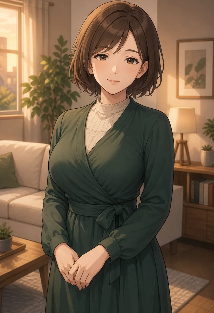 SFW anime-style portrait of Kaori, a 29-year-old woman in a modest green dress
