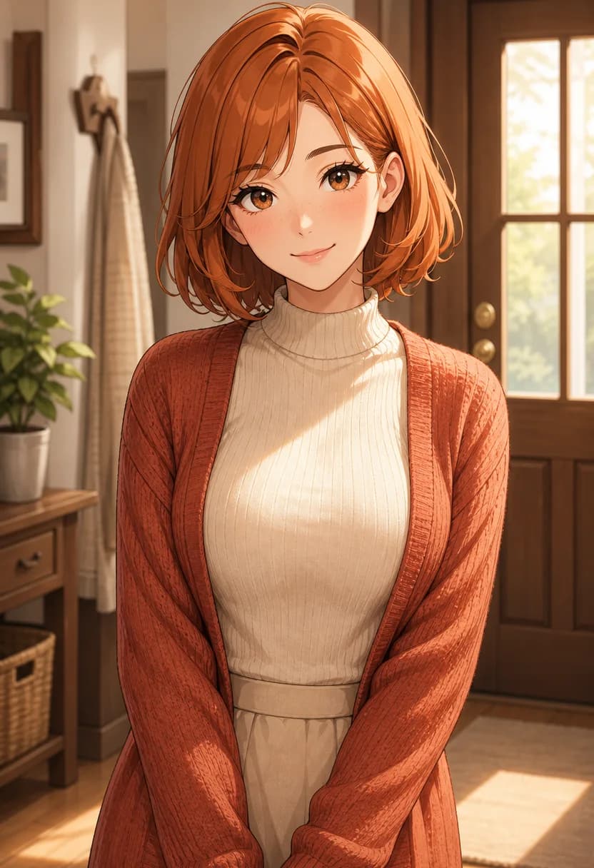 SFW anime-style portrait of Yui, a 25-year-old woman in a cream knit top and rust cardigan